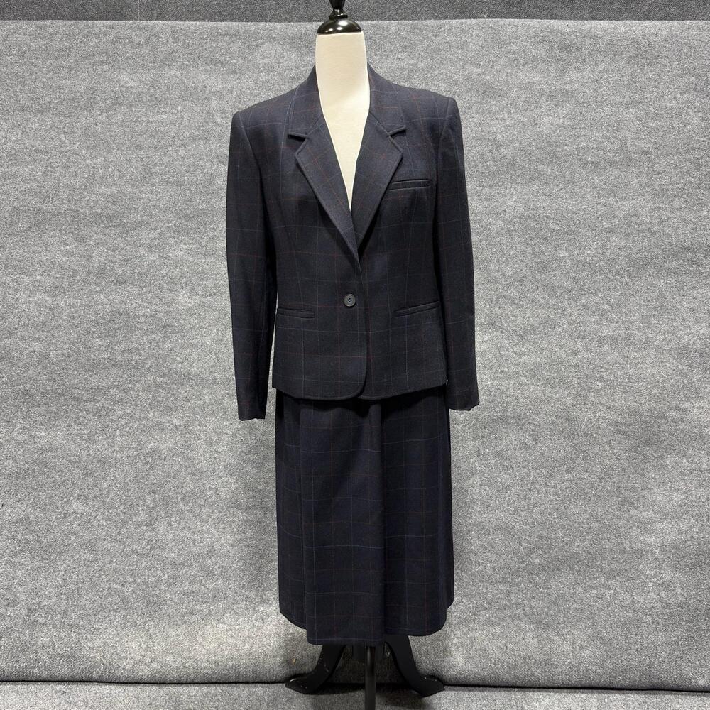 Evan Picone Skirt Suit Set Womens 14 Gray Plaid Wool Blazer Lined USA Workwear
